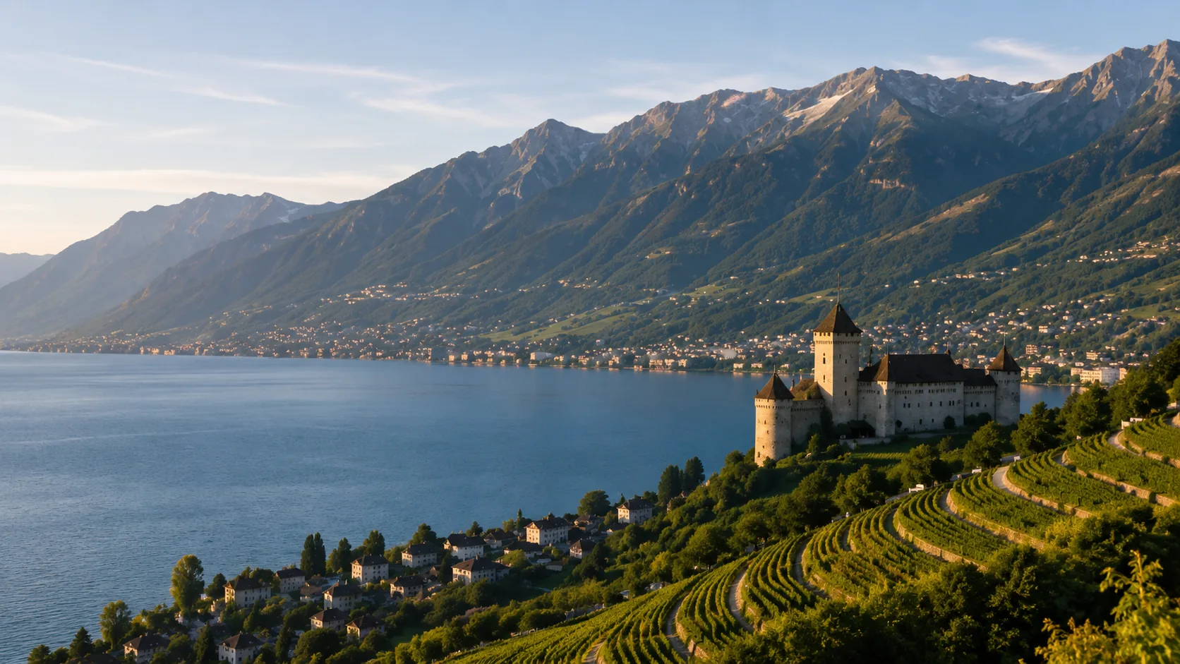 Panorama du lac Léman et du vignoble de Lavaux, région lausannoise