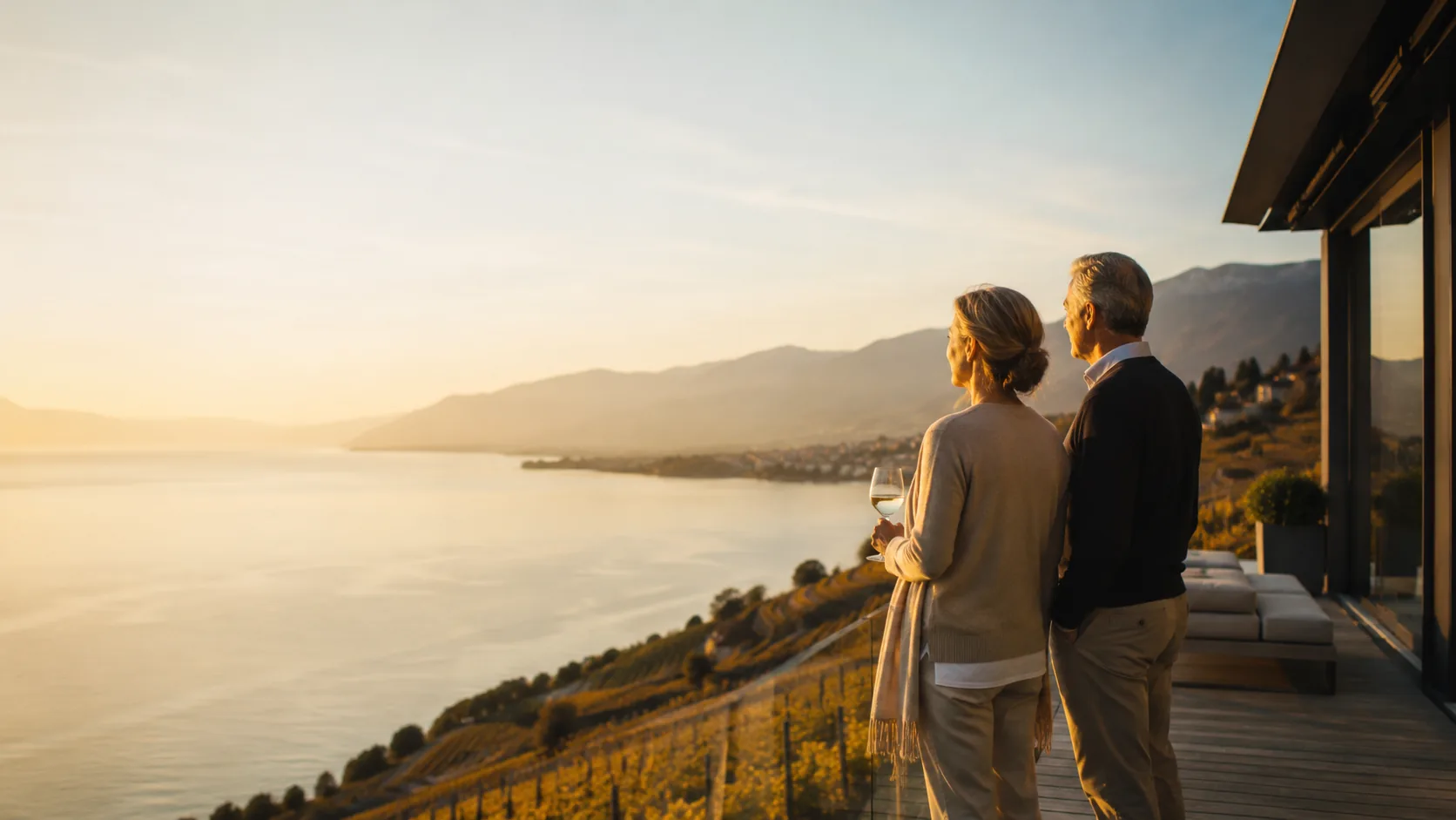 Couple sur la terrasse d'une maison dominant le lac Léman et les vignes en terrasses, au coucher du soleil
